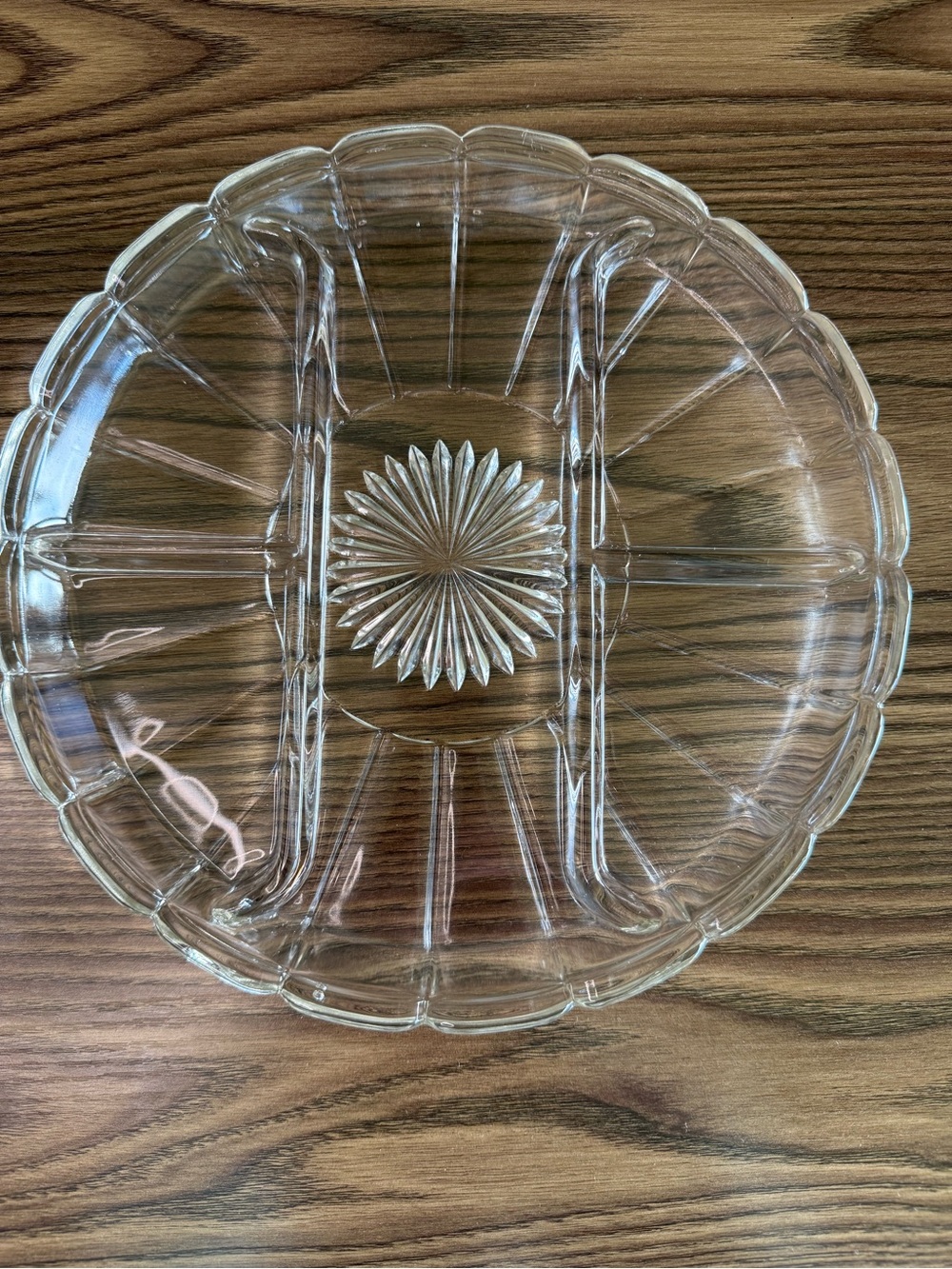 Vintage Clear Glass Divided Relish Tray - 10.5" 5 Section Sunburst -Glows Green